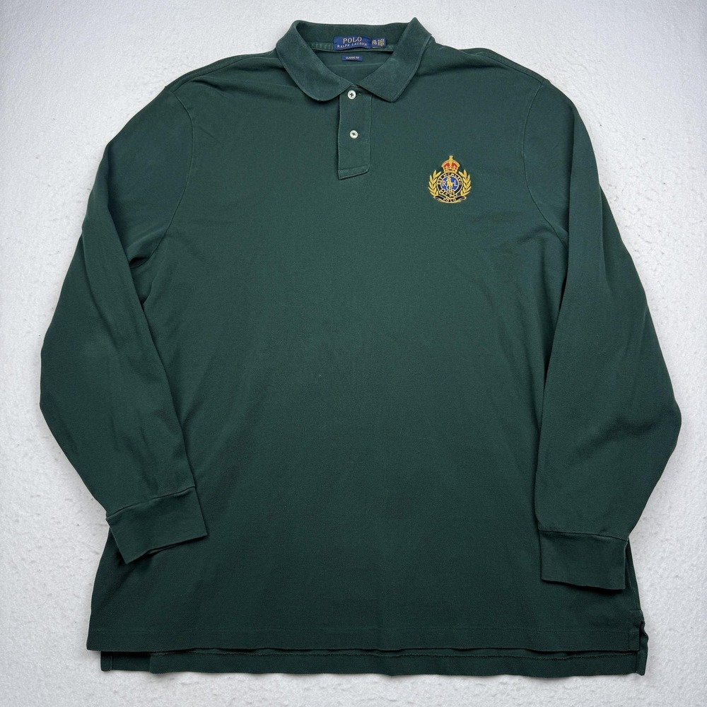 Polo Ralph Lauren Polo Shirt Mens 2XL Green Classic Fit Long Sleeve Crest Logo